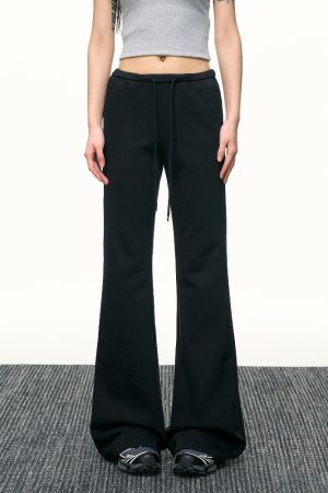 Black High-Waisted Drawstring Flared Casual Pants for Women - Sexy Slimming Wide-Leg Design, Versatile Spring Fashion