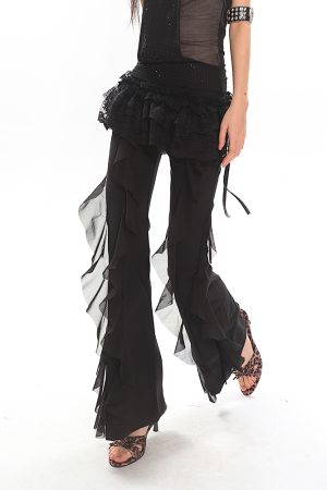 Black High-Waisted Straight-Leg Casual Pants for Women with Flowing Ribbons - Trendy Slimming Style for 90s and Y2K Fashion