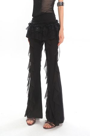 Black High-Waisted Straight-Leg Casual Pants for Women with Flowing Ribbons - Trendy Slimming Style for 90s and Y2K Fashion