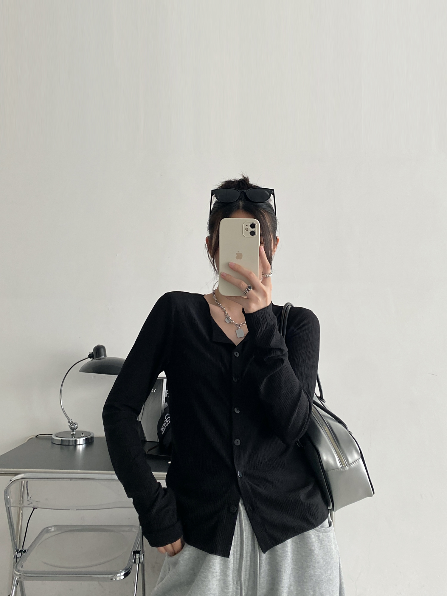 Black Long Sleeve Elastic Waist Cardigan for Women - Flattering Slim-Fit Round Neck Top, Sexy Autumn Layering Essential Black Long Sleeve Elastic Waist Cardigan for Women - Flattering Slim-Fit Round Neck Top, Sexy Autumn Layering Essential