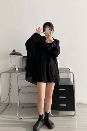 Black Long Sleeve Sun Protection Shirt for Women - Thin Loose Korean Style Tencel Jacket Top - Spring Summer Casual Fashion