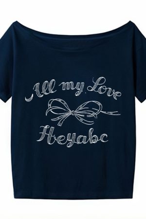 Black Off-Shoulder Bow Print T-Shirt for Women - Summer Casual Loose Short Sleeve Trendy Top