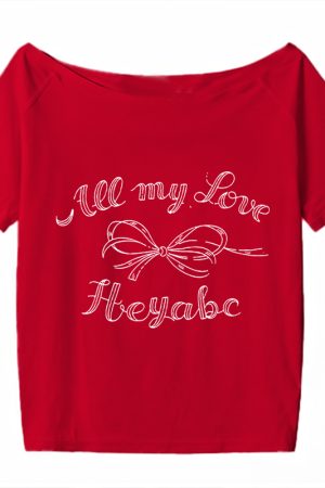 Black Off-Shoulder Bow Print T-Shirt for Women - Summer Casual Loose Short Sleeve Trendy Top