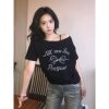 Black Off-Shoulder Bow Print T-Shirt for Women - Summer Casual Loose Short Sleeve Trendy Top