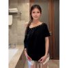 Black Off-Shoulder Short Sleeve T-Shirt for Women - Casual Summer Top, Loose Fit American Style, Trendy Shoulder-Baring Design
