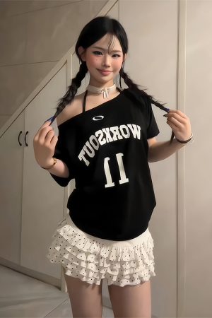 Black Off-Shoulder Short Sleeve Women's T-Shirt - Casual Loose Fit Summer Top with Letter Print - Sexy American Style Fashion