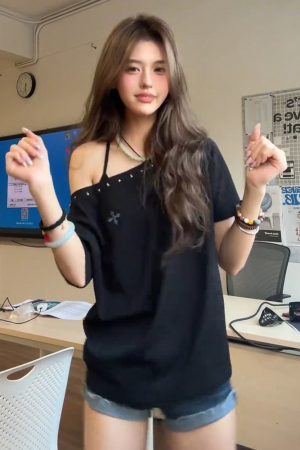 Black Off-Shoulder Women's Summer T-Shirt with Orange Rhinestone Design, Loose Fit Trendy Top, American Style Fashion Essentials