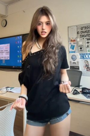 Black Off-Shoulder Women's Summer T-Shirt with Orange Rhinestone Design, Loose Fit Trendy Top, American Style Fashion Essentials