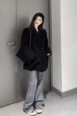 Black Oversized Women's Suit Jacket - High-End Casual Blazer for Spring & Autumn 2025, Trendy Niche Silhouette