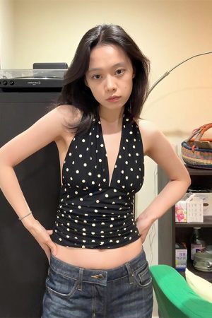 Black Polka Dot Halter Neck Sleeveless Top for Women - V-Neck, Slim Fit, Trendy Summer Outfit, Flattering Style for Hot Girls