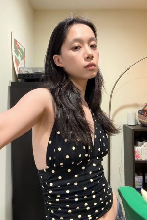 Black Polka Dot Halter Neck Sleeveless Top for Women - V-Neck, Slim Fit, Trendy Summer Outfit, Flattering Style for Hot Girls