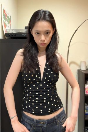 Black Polka Dot Halter Neck Sleeveless Top for Women - V-Neck, Slim Fit, Trendy Summer Outfit, Flattering Style for Hot Girls