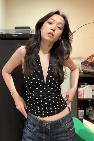 Black Polka Dot Halter Neck Sleeveless Top for Women - V-Neck, Slim Fit, Trendy Summer Outfit, Flattering Style for Hot Girls