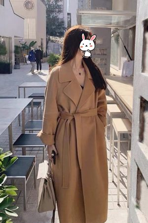 Black Reversible Cashmere Coat for Women - Elegant Mid-Length Bathrobe-Style Outerwear for 2024 Autumn/Winter, Korean Style