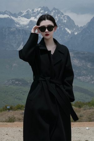 Black Reversible Cashmere Coat for Women - Elegant Mid-Length Bathrobe-Style Outerwear for 2024 Autumn/Winter, Korean Style