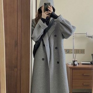 Black Reversible Cashmere Coat for Women - Mid-Length, High-End Korean Style Woolen Outerwear for Autumn & Winter, Perfect for Petites