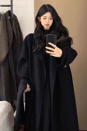 Black Reversible Cashmere Coat for Women, Mid-Length Woolen Outerwear, Chic Autumn/Winter 2024 Style for Petite Sizes