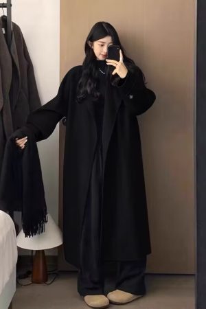 Black Reversible Cashmere Coat for Women, Mid-Length Woolen Outerwear, Chic Autumn/Winter 2024 Style for Petite Sizes