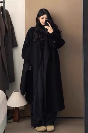 Black Reversible Cashmere Coat for Women, Mid-Length Woolen Outerwear, Chic Autumn/Winter 2024 Style for Petite Sizes