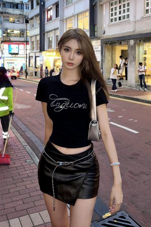 Black Rhinestone Shoulder T-Shirt for Women - Summer Retro Short Sleeve Cropped Top, Elastic Slim Fit, Y2K Style