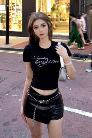 Black Rhinestone Shoulder T-Shirt for Women - Summer Retro Short Sleeve Cropped Top, Elastic Slim Fit, Y2K Style
