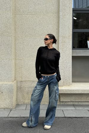 Black Semi-Transparent Knitted Hoodie - Stylish Practical Design for Small Essentials, Perfect for Y2K and Casual Looks