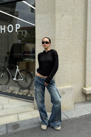 Black Semi-Transparent Knitted Hoodie - Stylish Practical Design for Small Essentials, Perfect for Y2K and Casual Looks