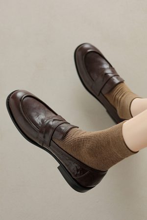 Black Sheepskin Flat Loafers for Women - 2025 Summer Round Toe Slip-On Leather Shoes, Y2K Inspired Comfort Fashion