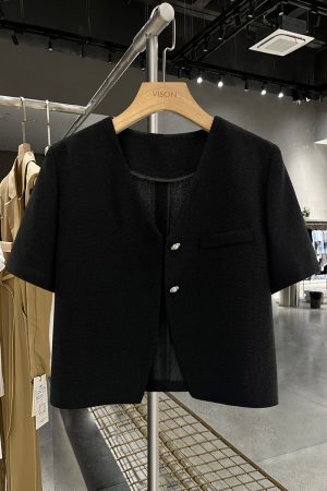 Black Short-Sleeved Blazer for Women, Summer Thin Chanel-Style Jacket, 2025 Y2K Inspired Elegant Outerwear