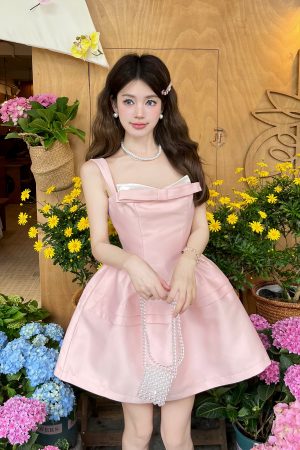 Black Spliced Imitation Silk Spaghetti Strap Dress with Pink Bow and Fan Meow Meow Design - Elegant Princess Style Dress