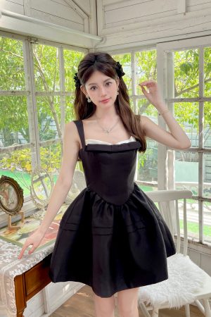 Black Spliced Imitation Silk Spaghetti Strap Dress with Pink Bow and Fan Meow Meow Design - Elegant Princess Style Dress