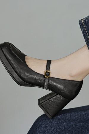 Black Square-Toe Mary Jane Shoes for Women, Chunky Heel, Waterproof Platform, Shallow Mouth, Trendy Summer Style
