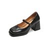 Black Square-Toe Mary Jane Shoes for Women, Chunky Heel, Waterproof Platform, Shallow Mouth, Trendy Summer Style