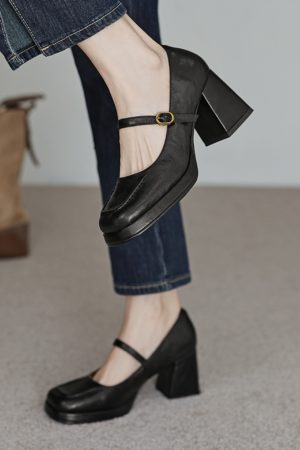 Black Square-Toe Mary Jane Shoes for Women, Chunky Heel, Waterproof Platform, Shallow Mouth, Trendy Summer Style
