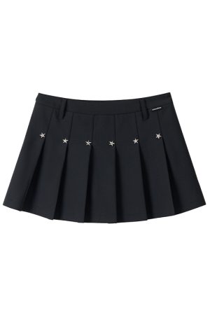 Black Star-Shaped Rivet Pleated Midi Skirt with Layered Design and Versatile Black Strap - Y2K Fashion Essential
