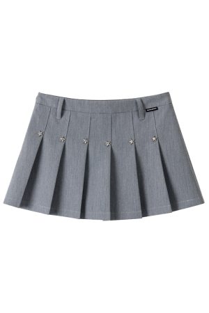 Black Star-Shaped Rivet Pleated Midi Skirt with Layered Design and Versatile Black Strap - Y2K Fashion Essential
