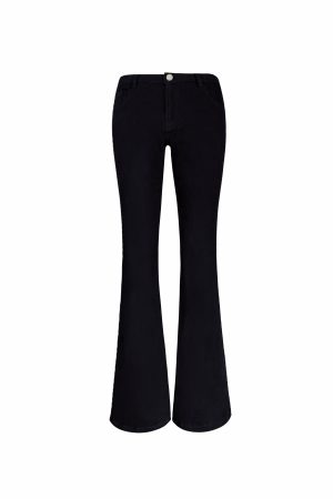 Black Stretchy Mid-Low Waist Flared Denim Pants for Women - Trendy Y2K Style Jeans