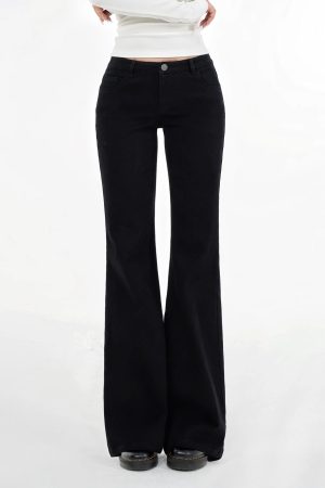 Black Stretchy Mid-Low Waist Flared Denim Pants for Women - Trendy Y2K Style Jeans