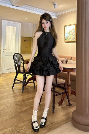 Black Swan Summer Short Dress with Sexy Lace Tulle Skirt - Perfect for 90s and Y2K Inspired Fashion