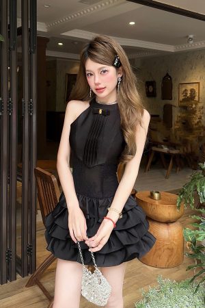 Black Swan Summer Short Dress with Sexy Lace Tulle Skirt - Perfect for 90s and Y2K Inspired Fashion