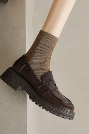 Black Thick-Soled Loafers for Women - Round-Toe Slip-On Leather Shoes - 2025 Summer Fashion Footwear