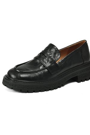 Black Thick-Soled Loafers for Women - Round-Toe Slip-On Leather Shoes - 2025 Summer Fashion Footwear