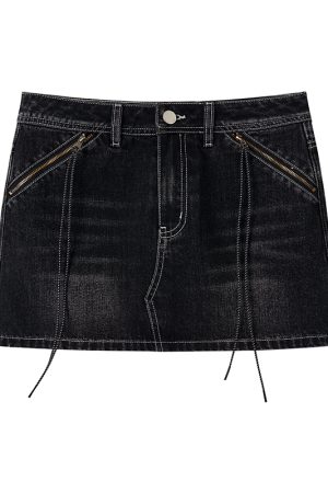 Black Vintage Washed Denim Skirt with Lining - 90s Inspired, Non-See-Through Design for Effortless Style