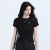 Black Waist-Cinched Pleated Short Sleeve T-Shirt for Women - Unique Slim Fit Top for Spicy Girl Style