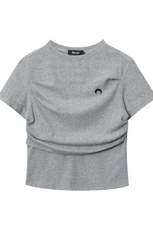 Black Waist-Cinched Pleated Short Sleeve T-Shirt for Women - Unique Slim Fit Top for Spicy Girl Style