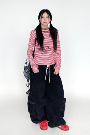 Black Wide-Leg Cargo Pants for Women with Drawstring - Casual Elastic Plaid Trousers, Autumn & Winter Fashion