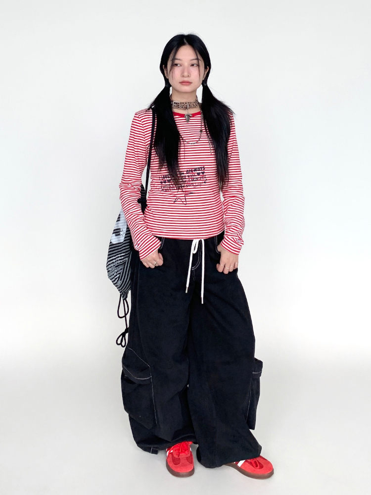 Black Wide-Leg Cargo Pants for Women with Drawstring - Casual Elastic Plaid Trousers, Autumn & Winter Fashion Black Wide-Leg Cargo Pants for Women with Drawstring - Casual Elastic Plaid Trousers, Autumn & Winter Fashion