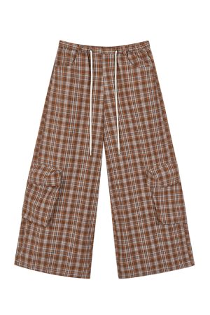 Black Wide-Leg Cargo Pants for Women with Drawstring - Casual Elastic Plaid Trousers, Autumn & Winter Fashion