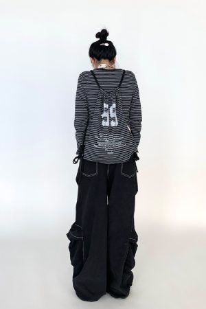 Black Wide-Leg Cargo Pants for Women with Drawstring - Casual Elastic Plaid Trousers, Autumn & Winter Fashion
