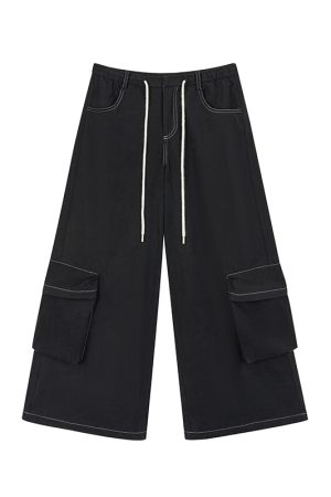 Black Wide-Leg Cargo Pants for Women with Drawstring - Casual Elastic Plaid Trousers, Autumn & Winter Fashion